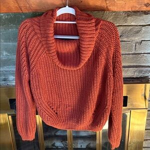 moon & madison Ribbed Cowl Neck Sweater muted rusty mauve orange oversized crop